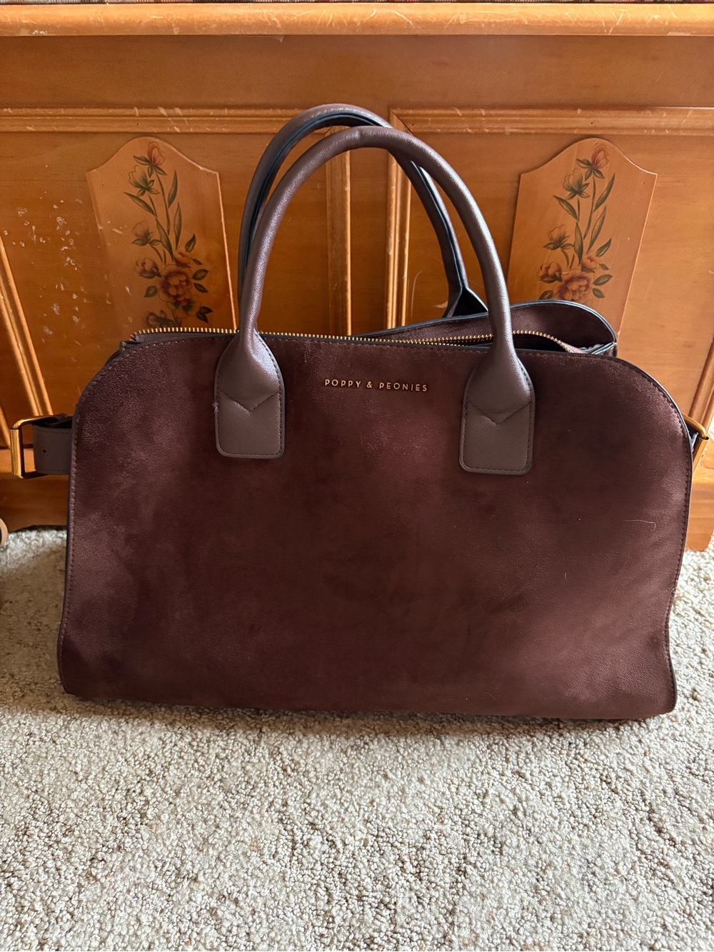 Poppy & Peonies Dark Brown Suede Duffel Bag